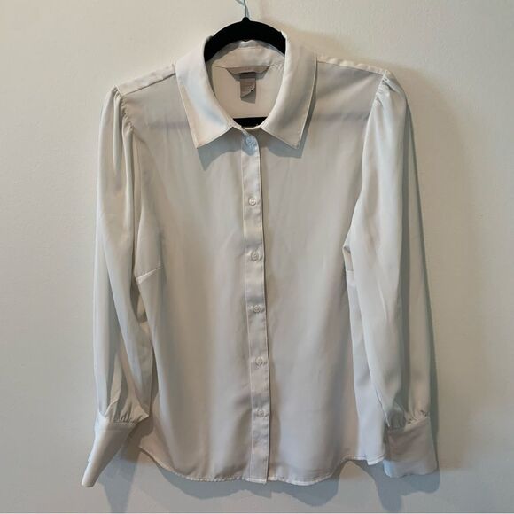 H&M White Sheer Puff-Sleeved Button Up Blouse Size Medium - Picture 1 of 11